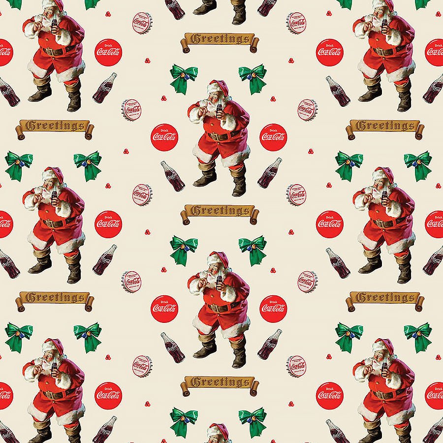 Coca-Cola Christmas Greetings Taupe Multi – Remnant 38″ × 44″