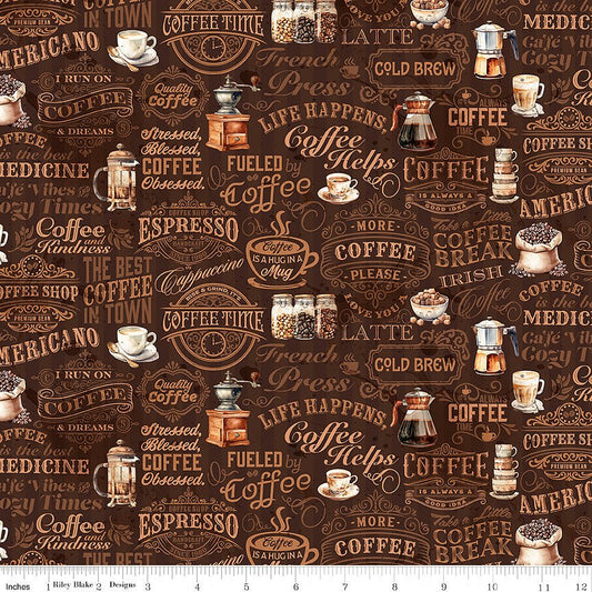 Coffee Time Text Brown - Riley Blake from Fort Worth Fabric Studio