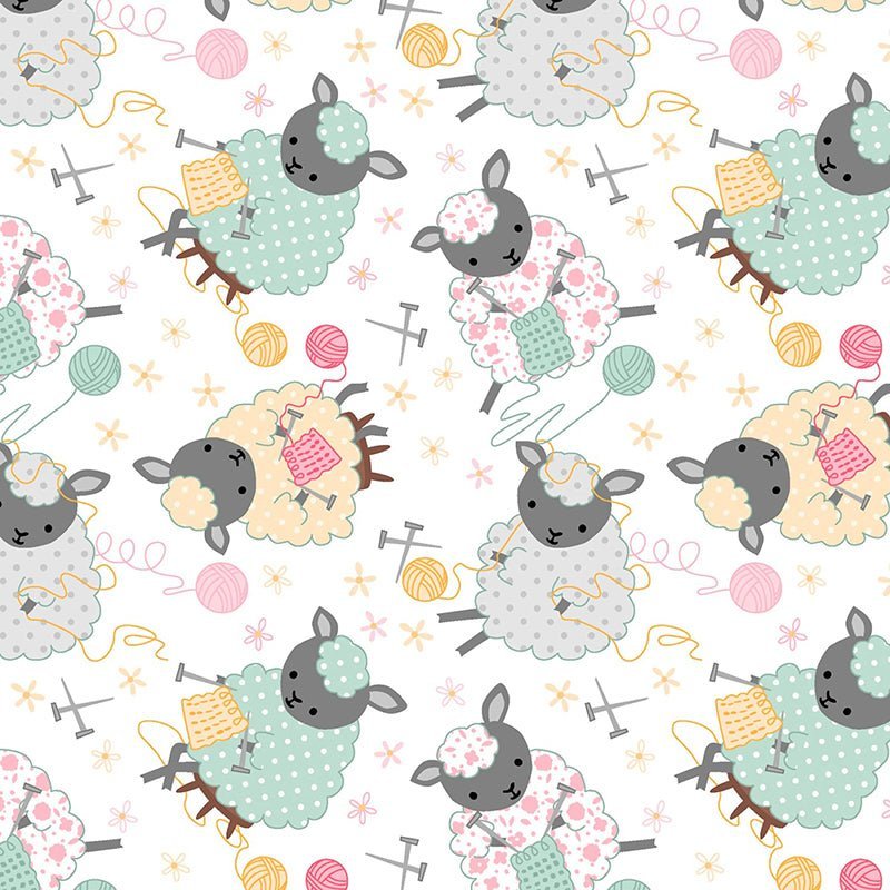 Comfy Flannel Knitting Sheep White – Remnant 34″ × 44″ - A.E. Nathan from Fort Worth Fabric Studio