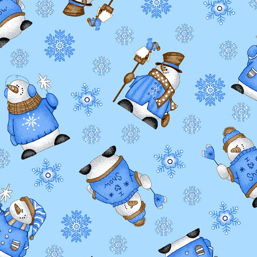 Comfy Flannel Snowmen & Snowflakes Light Blue - A.E. Nathan from Fort Worth Fabric Studio