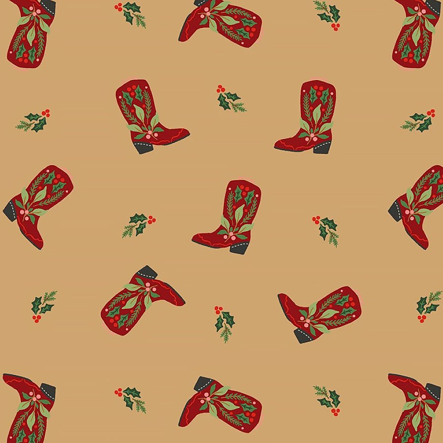 Cowboy Christmas Tossed Holiday Cowboy Boots Tan - Timeless Treasures from Fort Worth Fabric Studio