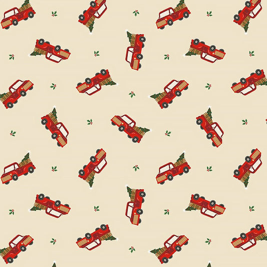 Cowboy Christmas Tossed Red Holiday Truck Beige - Timeless Treasures from Fort Worth Fabric Studio