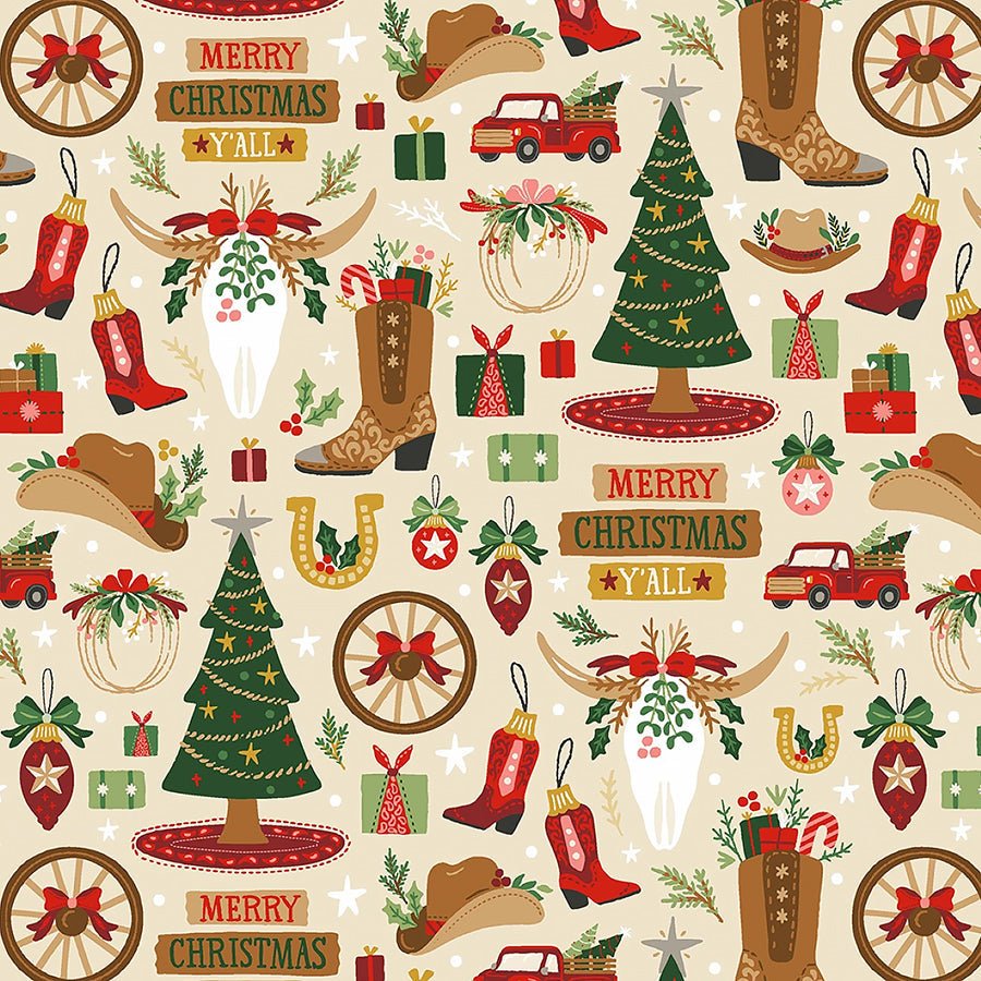 Cowboy Christmas Western Holiday Decor Beige - Timeless Treasures from Fort Worth Fabric Studio