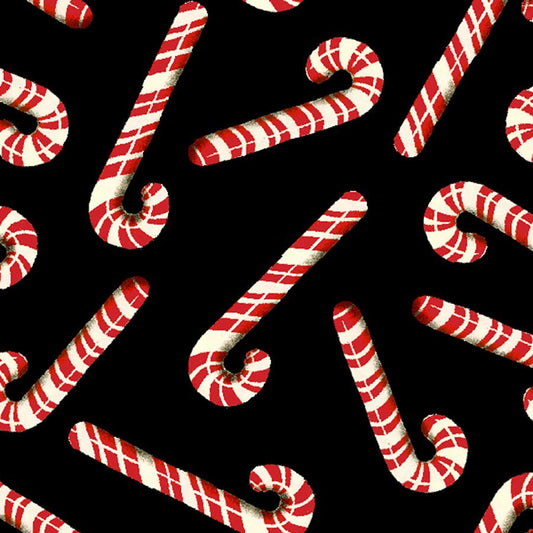 Dancing Santas Peppermint Party Black - 3 Wishes Fabric from Fort Worth Fabric Studio