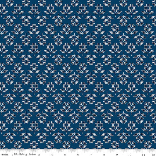 Denim & Daisy Flowers Oxford Blue - Riley Blake from Fort Worth Fabric Studio