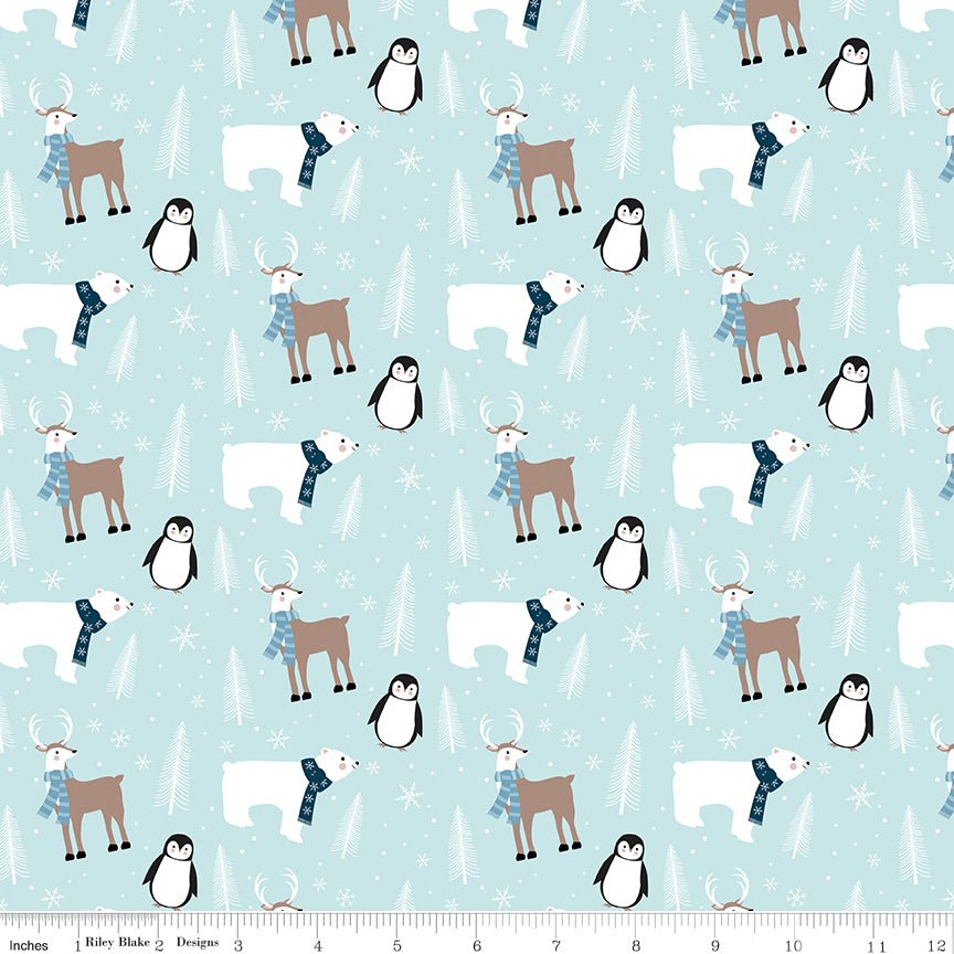 Designer Flannel Winter Magic Animals Aqua – Remnant 19″ × 44″