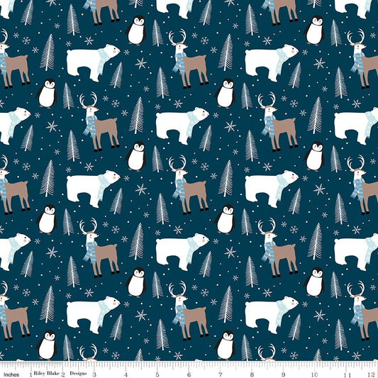 Designer Flannel Winter Magic Animals Navy – Remnant 11″ × 44″ - Riley Blake from Fort Worth Fabric Studio