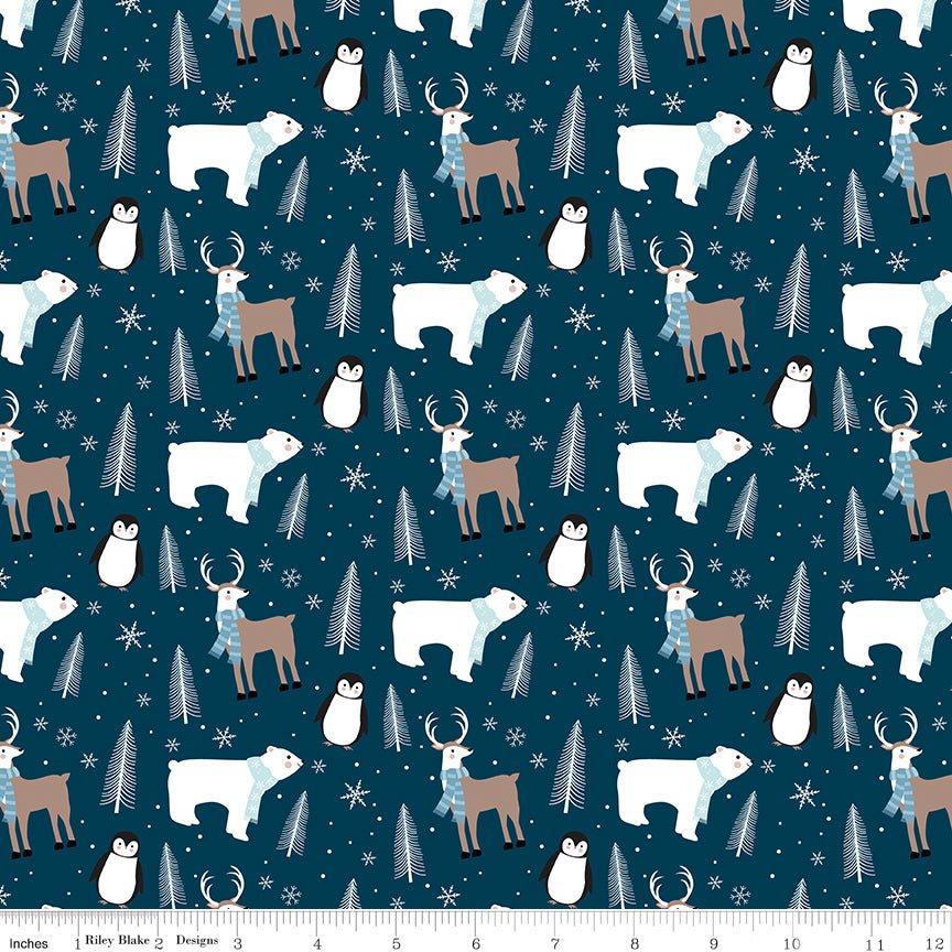 Designer Flannel Winter Magic Animals Navy – Remnant 11″ × 44″