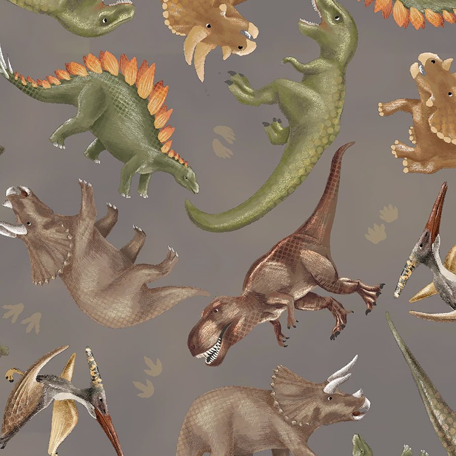 Dinosaur Trails Tossed Dinos Taupe - 3 Wishes Fabric from Fort Worth Fabric Studio