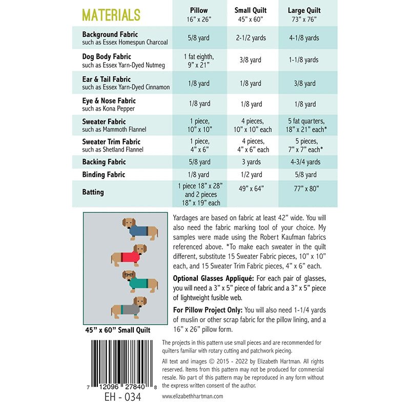 Dogs in Sweaters Quilt Pattern by Elizabeth Hartman - Elizabeth Hartman from Fort Worth Fabric Studio