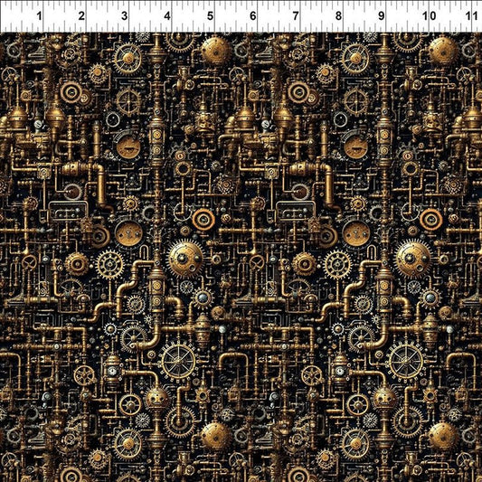 Dragons - Steampunk Dynasty Boiler Room Gold - In The Beginning from Fort Worth Fabric Studio