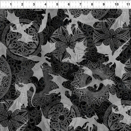 Dragons - Steampunk Dynasty Dragon Tonal Black - In The Beginning from Fort Worth Fabric Studio