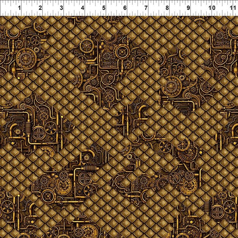 Dragons - Steampunk Dynasty Scales/Pipes Gold - In The Beginning from Fort Worth Fabric Studio