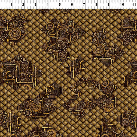Dragons - Steampunk Dynasty Scales/Pipes Gold - In The Beginning from Fort Worth Fabric Studio