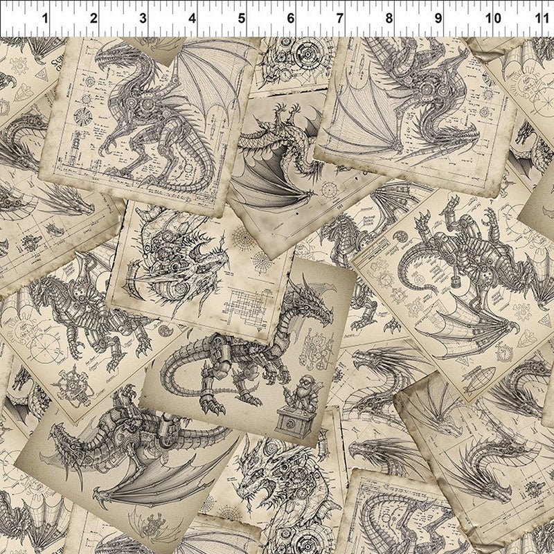 Dragons - Steampunk Dynasty Schematics Beige - In The Beginning from Fort Worth Fabric Studio