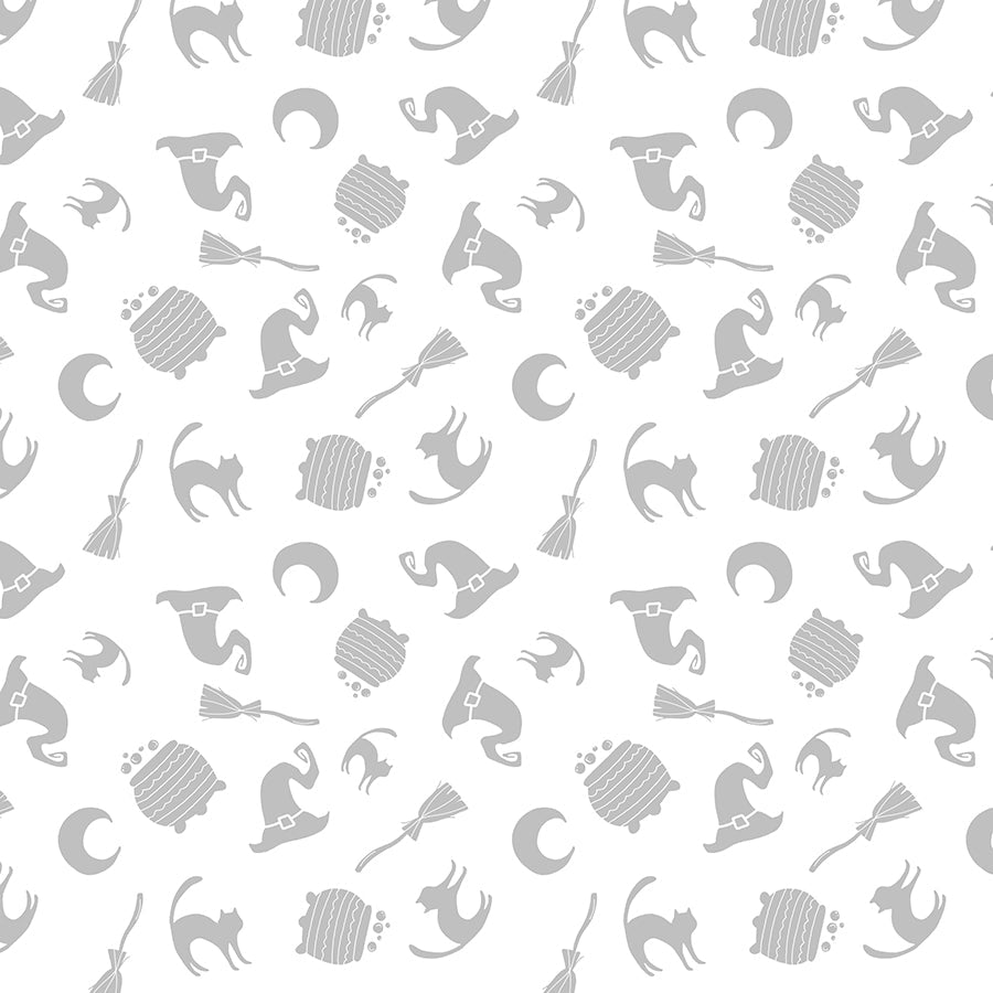 Essentials Spooky Spectacle Witches Brew All Over White on White – Remnant 34″ × 44″ - Wilmington Prints from Fort Worth Fabric Studio