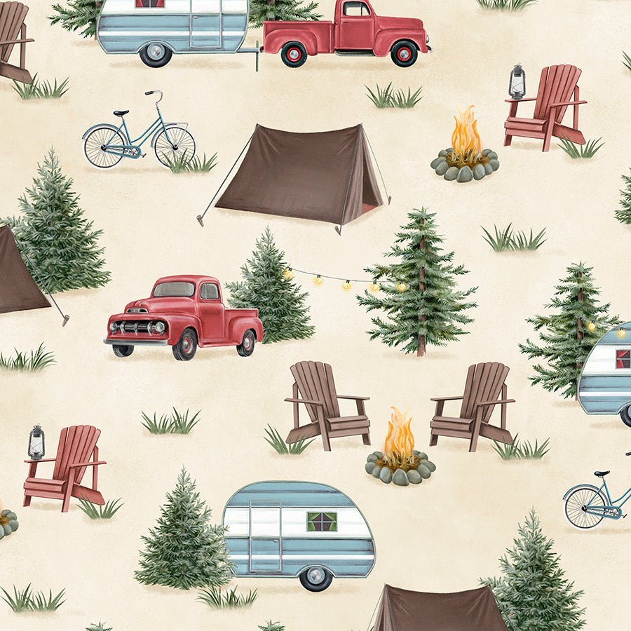 Evergreen Escape Camping Scenic All Over Sand – Remnant 9″ × 44″ - Wilmington Prints from Fort Worth Fabric Studio