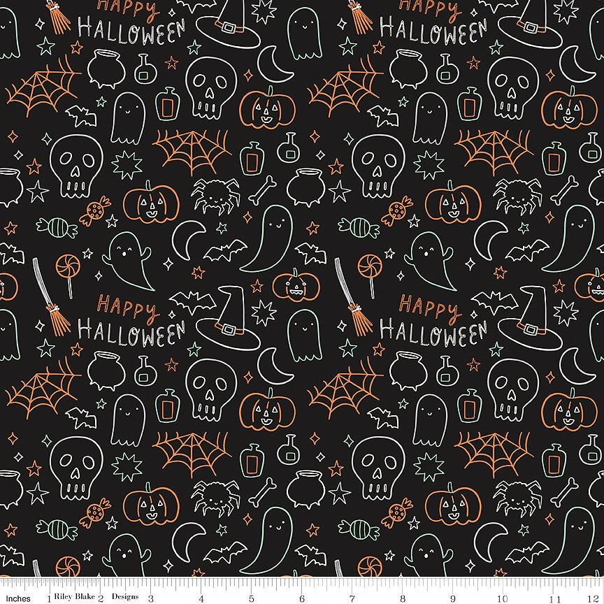 Frank & Friends Glow in the Dark Halloween Icons Black – Remnant 43″ × 44″ - Riley Blake from Fort Worth Fabric Studio