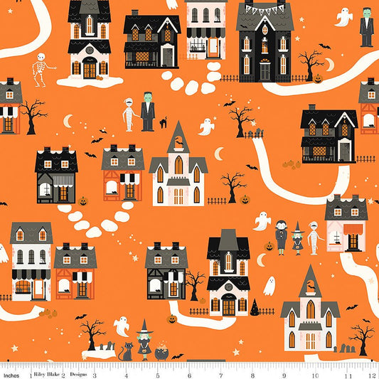 Frank & Friends Houses Orange - Riley Blake from Fort Worth Fabric Studio