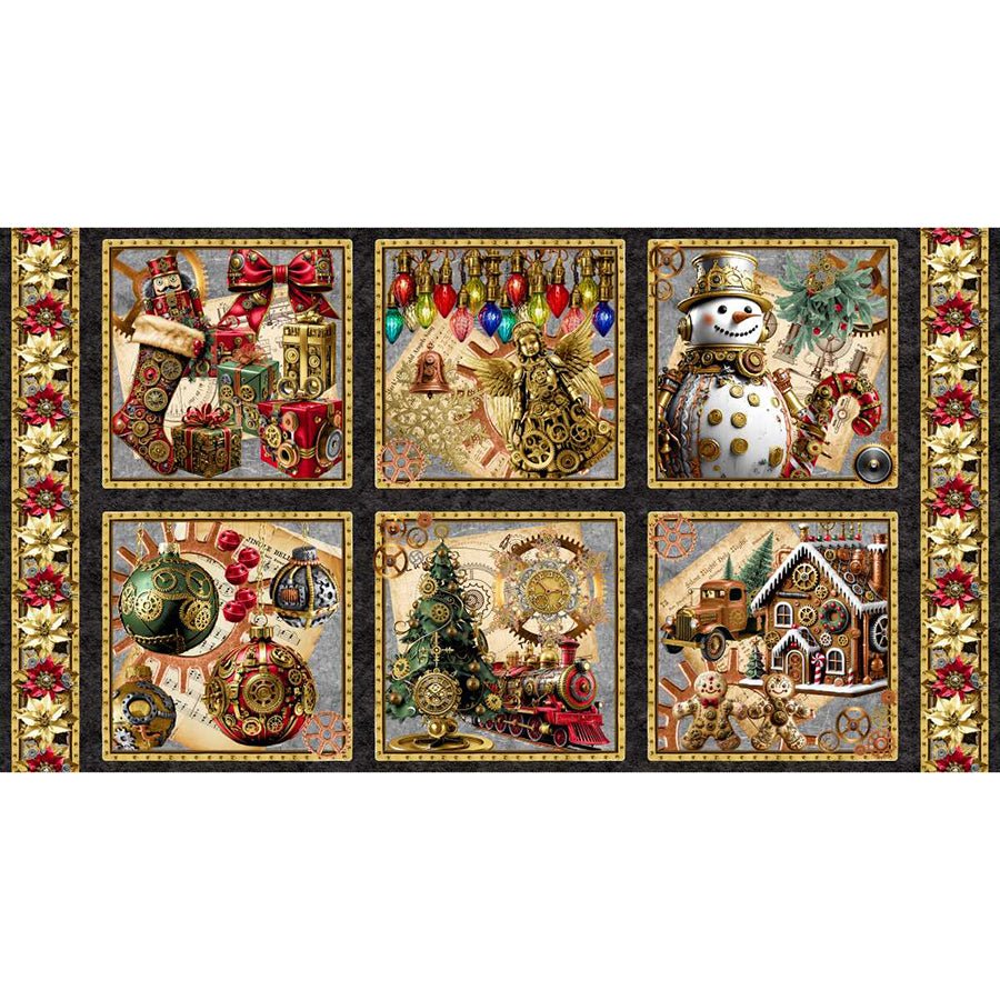 Gears & Garland 24" Blocks Panel Black - Blank Quilting from Fort Worth Fabric Studio
