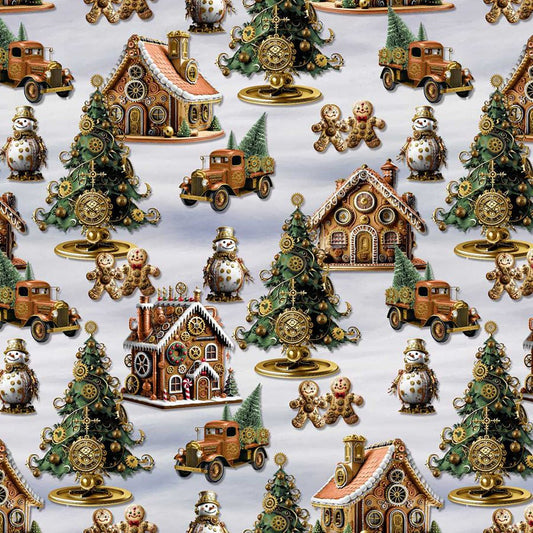 Gears & Garland Gingerbread Houses Light Gray – Remnant 25" × 44"