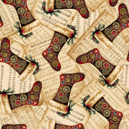 Gears & Garland Sheet Music Stockings Parchment - Blank Quilting from Fort Worth Fabric Studio