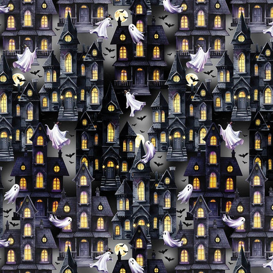 Ghostly Soiree Ghost Town Gray – Remnant 27″ × 44″ - Benartex from Fort Worth Fabric Studio