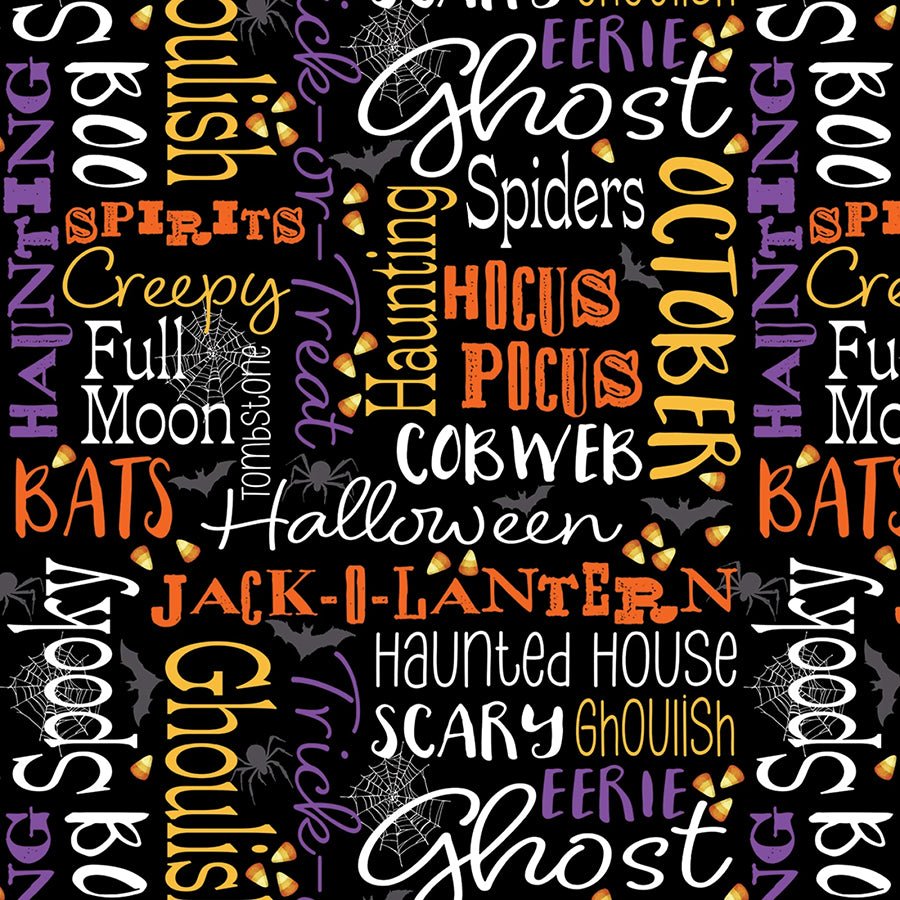 Ghostly Soiree Ghostly Words Black - Benartex from Fort Worth Fabric Studio