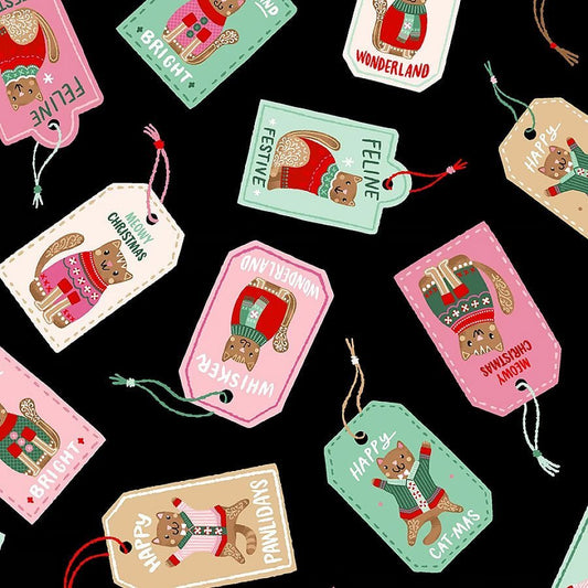 Ginger Cat Christmas Gingerbread Cat Gift Tags Black – Remnant 9" × 44" - Timeless Treasures from Fort Worth Fabric Studio