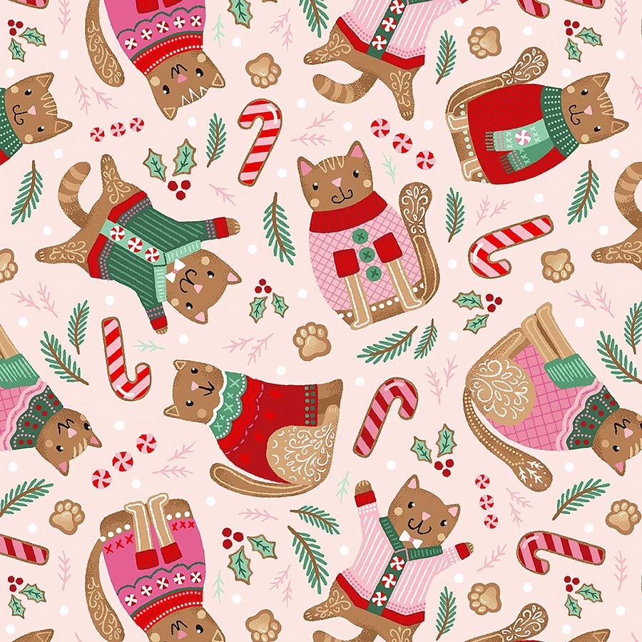 Ginger Cat Christmas Gingerbread Cats Pink - Timeless Treasures from Fort Worth Fabric Studio