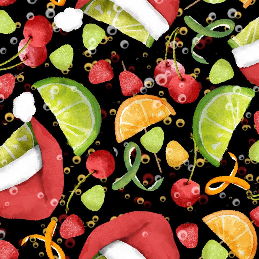 Happy Alcoholidays Santa's Fruit Fiesta Black - 3 Wishes Fabric from Fort Worth Fabric Studio