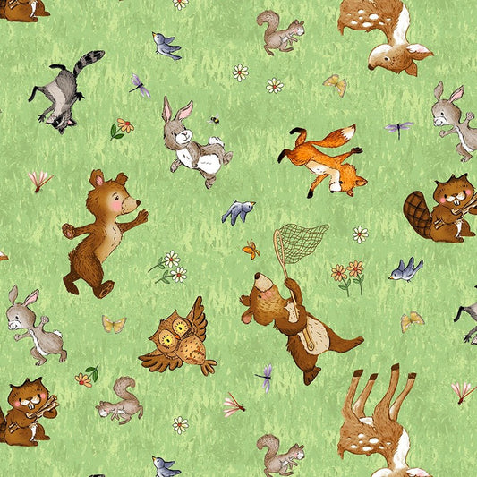 Happy Campers Minky Frolicking Friends Green - Henry Glass from Fort Worth Fabric Studio