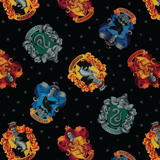 Harry Potter House Crests Black - Benartex from Fort Worth Fabric Studio