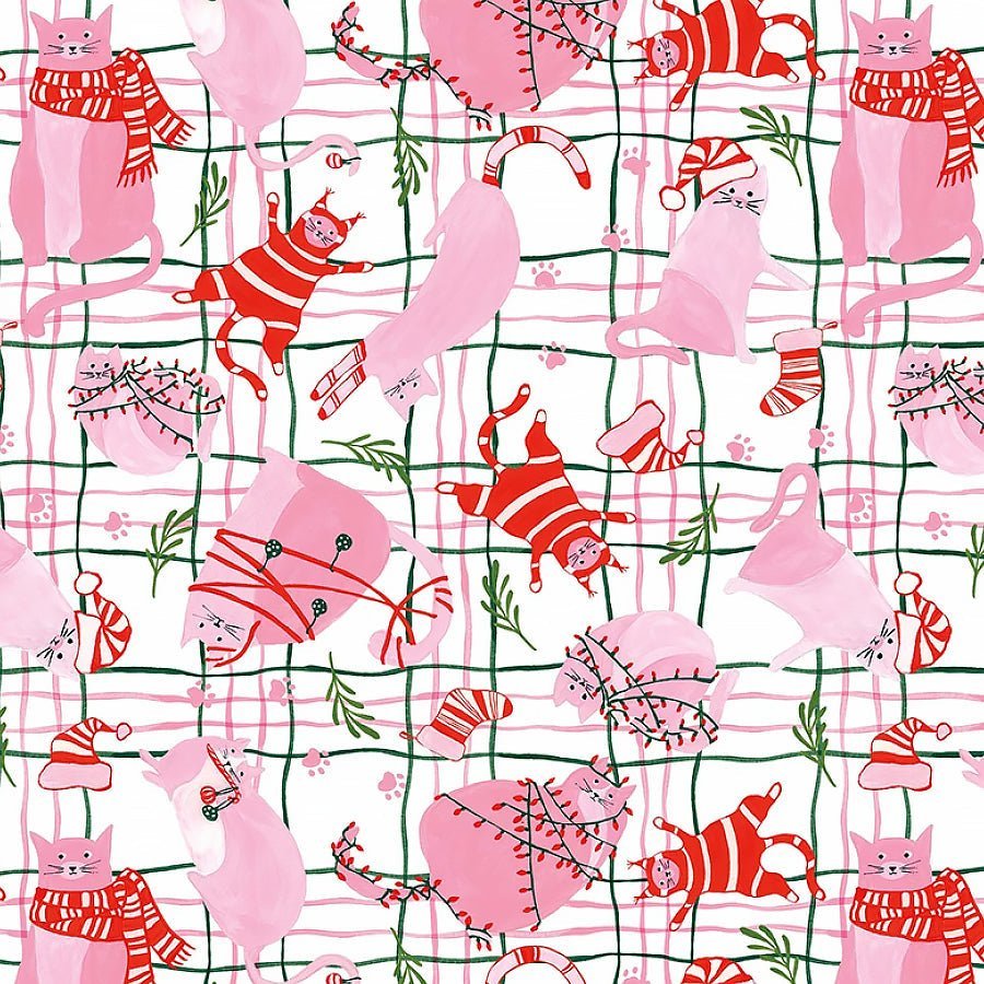 Here Comes Santa Claws Holiday Cats on Plaid White – Remnant 18" × 44" - Timeless Treasures from Fort Worth Fabric Studio