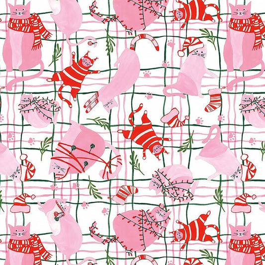 Here Comes Santa Claws Holiday Cats on Plaid White – Remnant 44" × 44" - Timeless Treasures from Fort Worth Fabric Studio