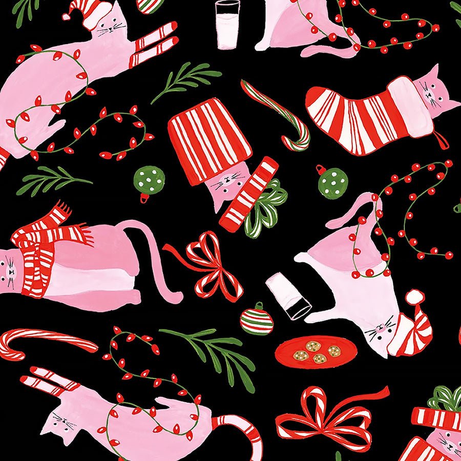 Here Comes Santa Claws Holiday Mischief Cats Black – Remnant 9″ × 44″