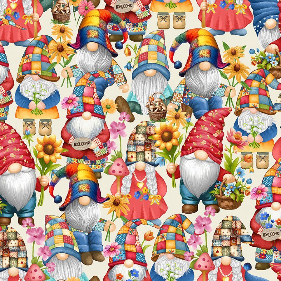 Hippie Gnomes Packed Gnomes Multi – Remnant 30″ × 44″ - Timeless Treasures from Fort Worth Fabric Studio