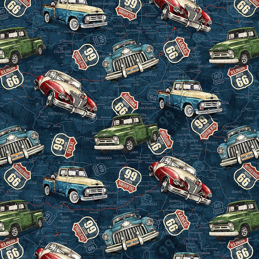 Historic Route 66 Car & Truck Toss Navy Multi - Northcott from Fort Worth Fabric Studio
