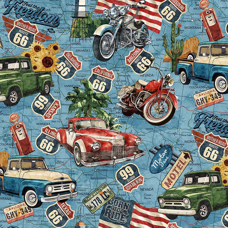 Historic Route 66 Main Blue Multi - Northcott from Fort Worth Fabric Studio