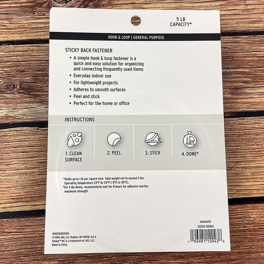 Hook & Loop Sticky Back Fastener Black ¾" x 5' by Fabany - Fabany from Fort Worth Fabric Studio