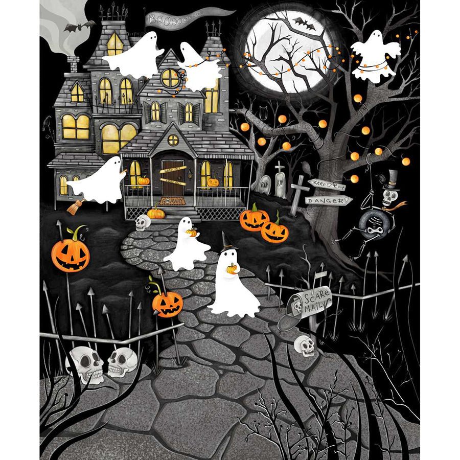 I Made A Boo - Boo 36" Haunted House Panel Black - Studio E from Fort Worth Fabric Studio