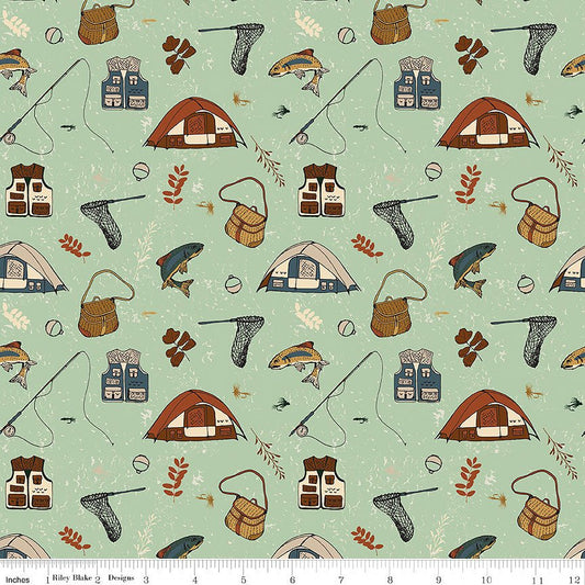 Let's Wander Gone Fishing Sage - Riley Blake from Fort Worth Fabric Studio