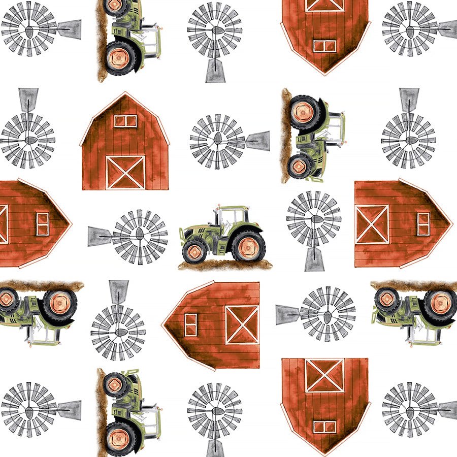 Little Seedlings Farm Barns & Tractors White - Blank Quilting from Fort Worth Fabric Studio