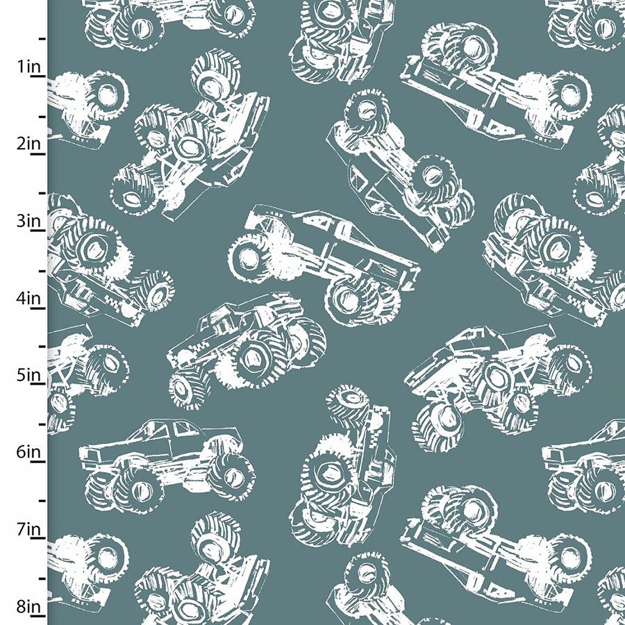 Mash the Throttle Monster Truck Outline Turquoise - 3 Wishes Fabric from Fort Worth Fabric Studio