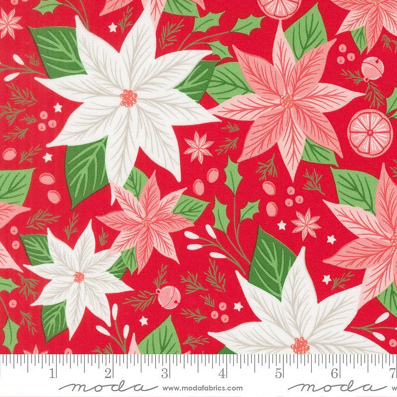 Merrily on High Poinsettia Florals Christmas Red – Remnant 22" × 44" - Moda from Fort Worth Fabric Studio