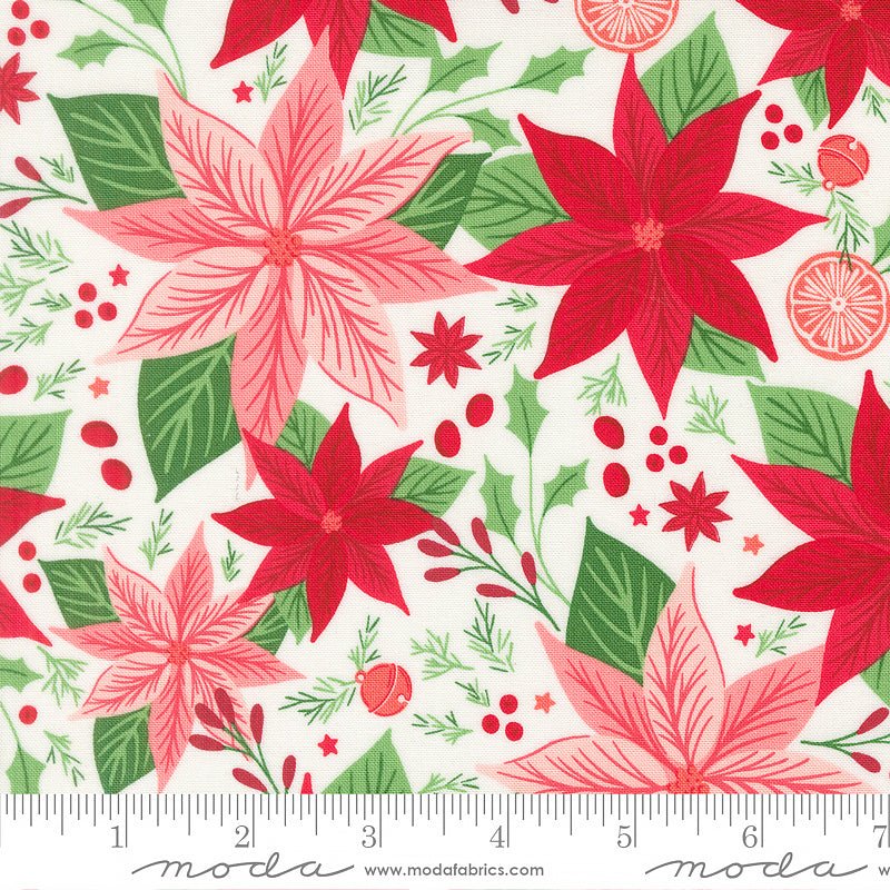 Merrily on High Poinsettia Florals Snow – Remnant 37″ × 44″