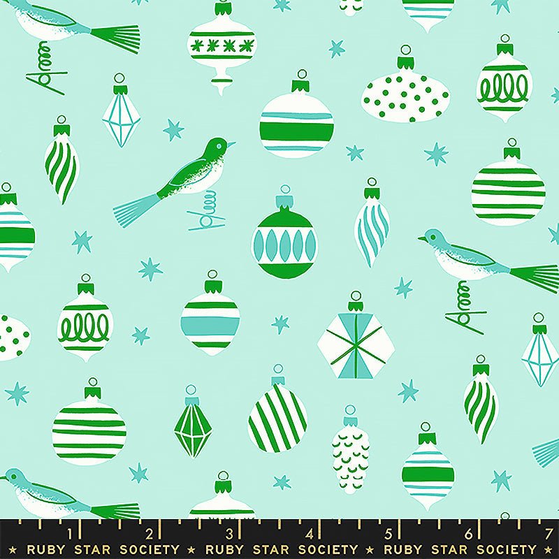 Merry Happy Ornaments & Birds Mint – Remnant 27″ × 44″