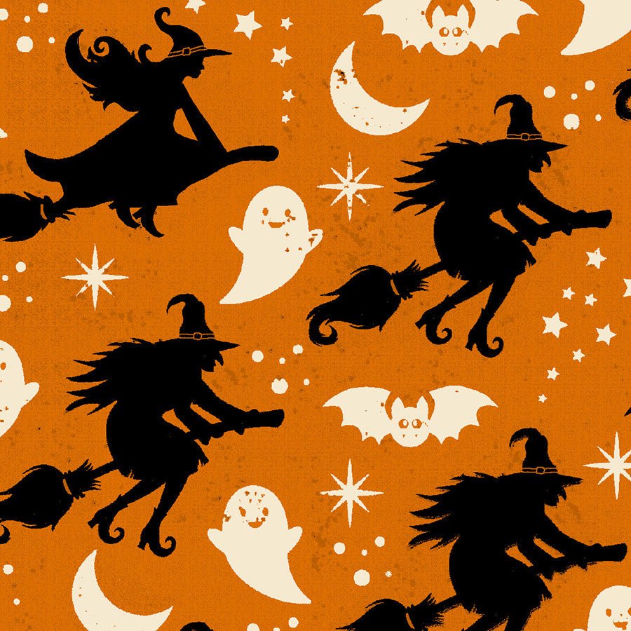 Mr. Moon Flying Witches Orange - Henry Glass from Fort Worth Fabric Studio