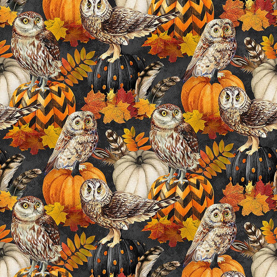 Night Owl Feathers & Owls Charcoal Multi – Remnant 22″ × 44″