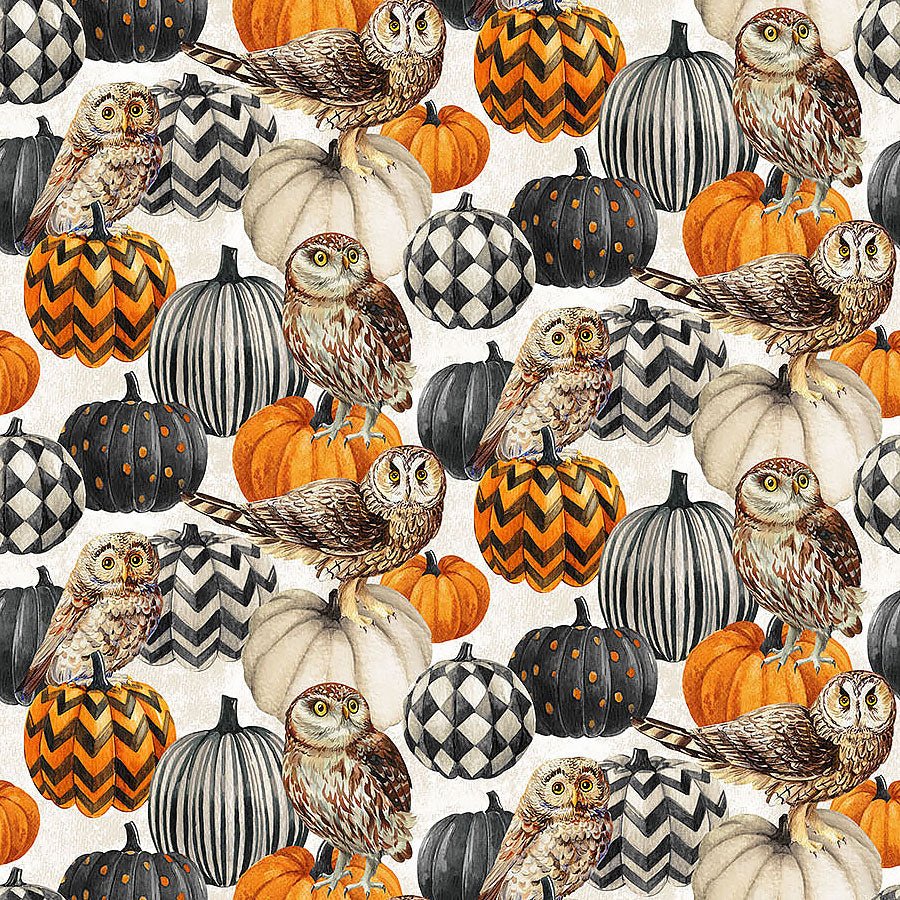 Night Owl Pumpkins & Owls Cream Multi - Northcott from Fort Worth Fabric Studio